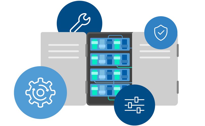 Modern illustration of a server cabinet with symbols for maintenance, security, automation, and control in the context of retrofit solutions.