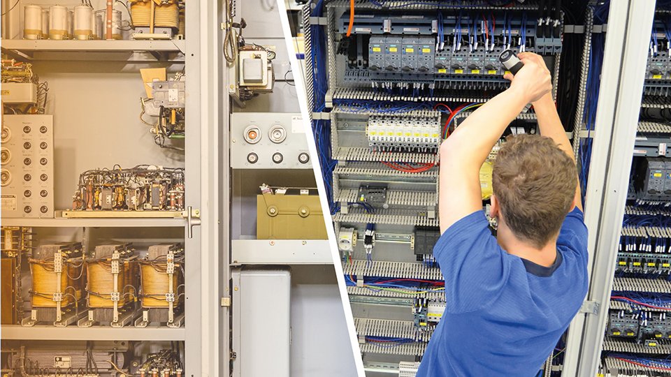 Image of an old control cabinet (left) and its retrofit version (right).